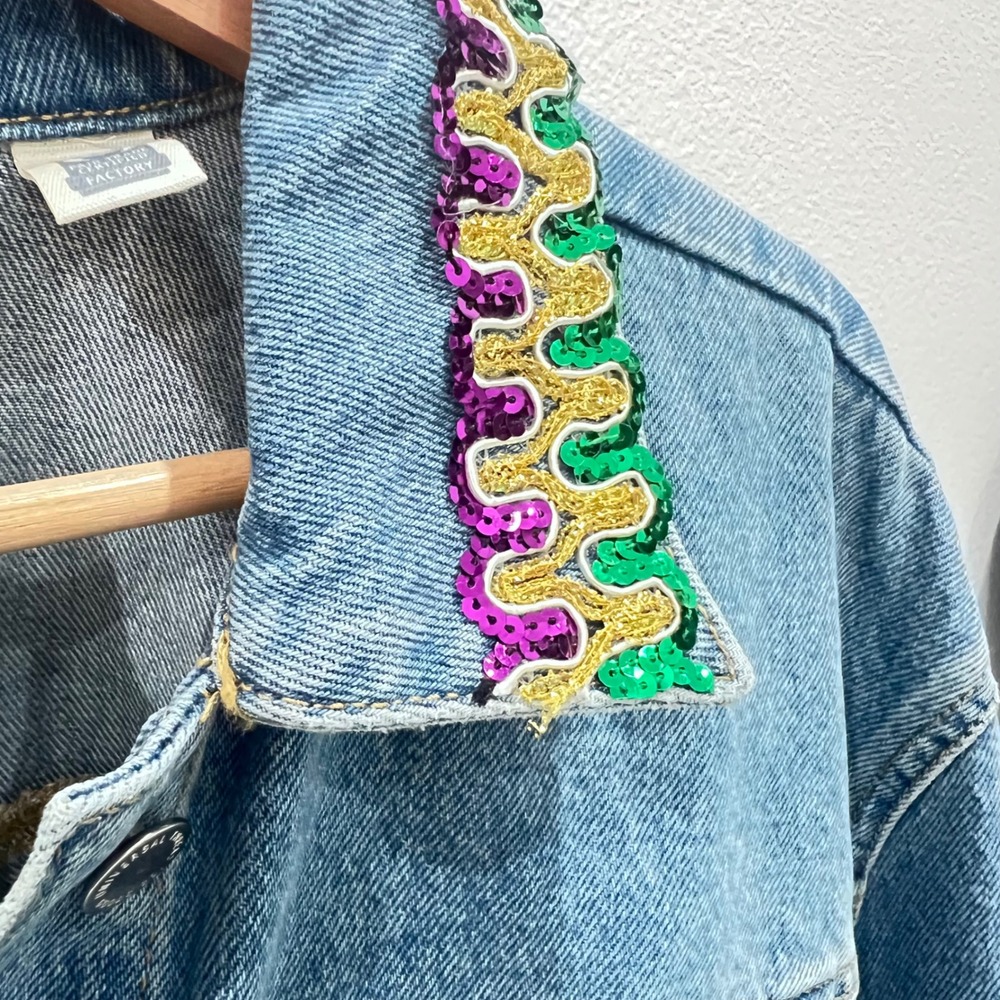 Mardi Gras Festival Women Fringe  DenimJacket XL Embellishment Rhinestone Sequin - Picture 10 of 14